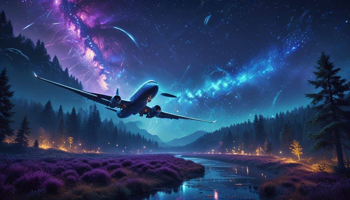 Ethereal Aeroplane Descends into Dreamy Starry Night Forest