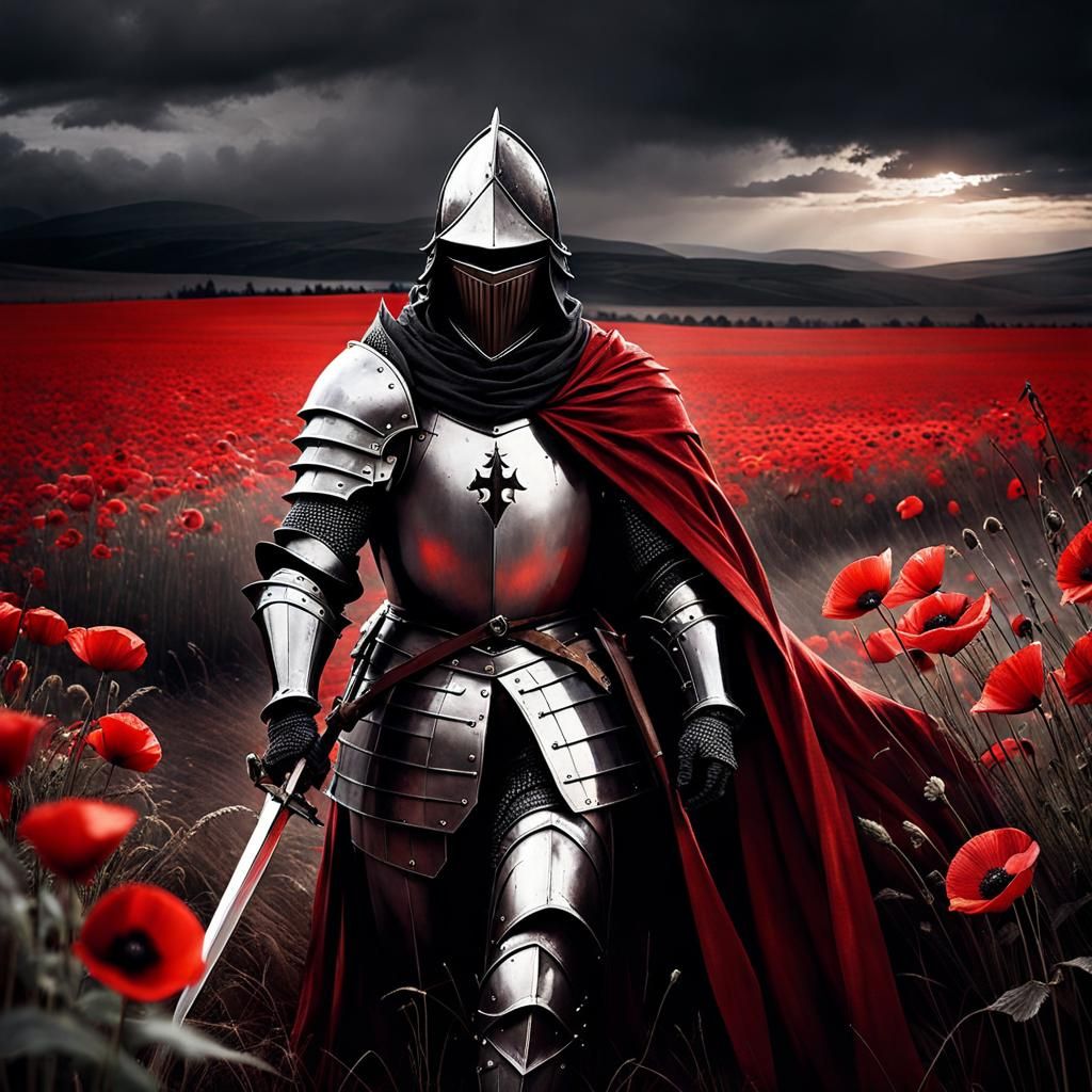 Dark Fantasy Knight in Poppy Field