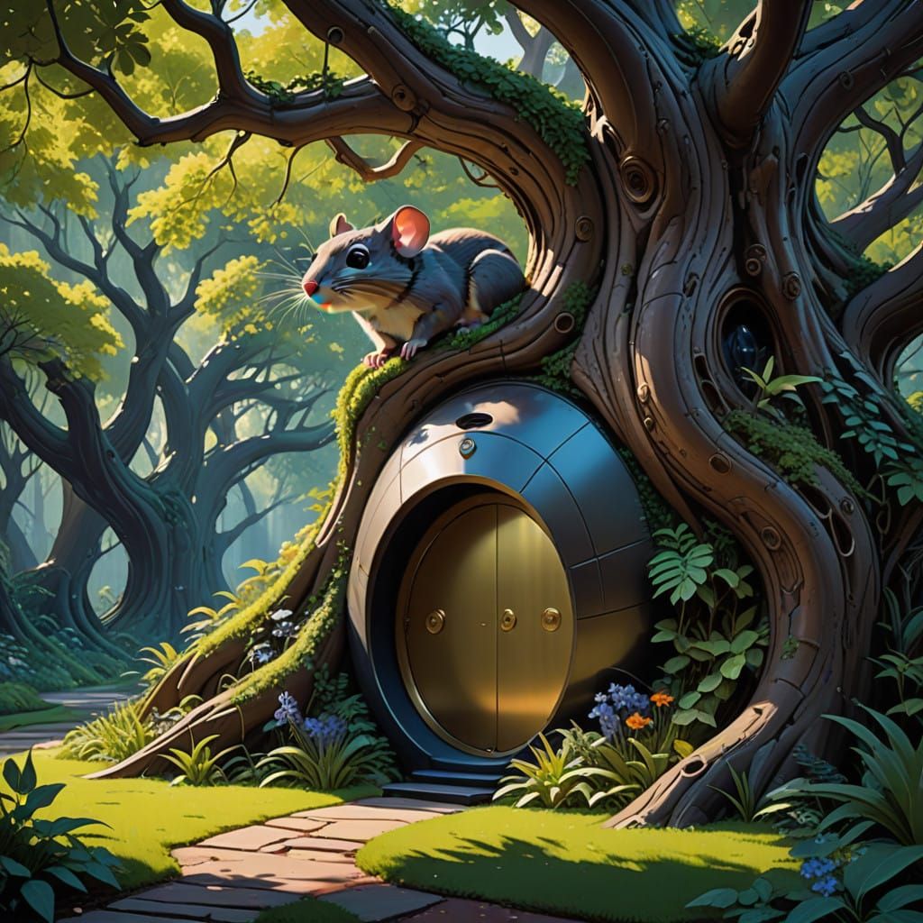 Cozy Futuristic Mouse Hole in Ancient Tree Roots