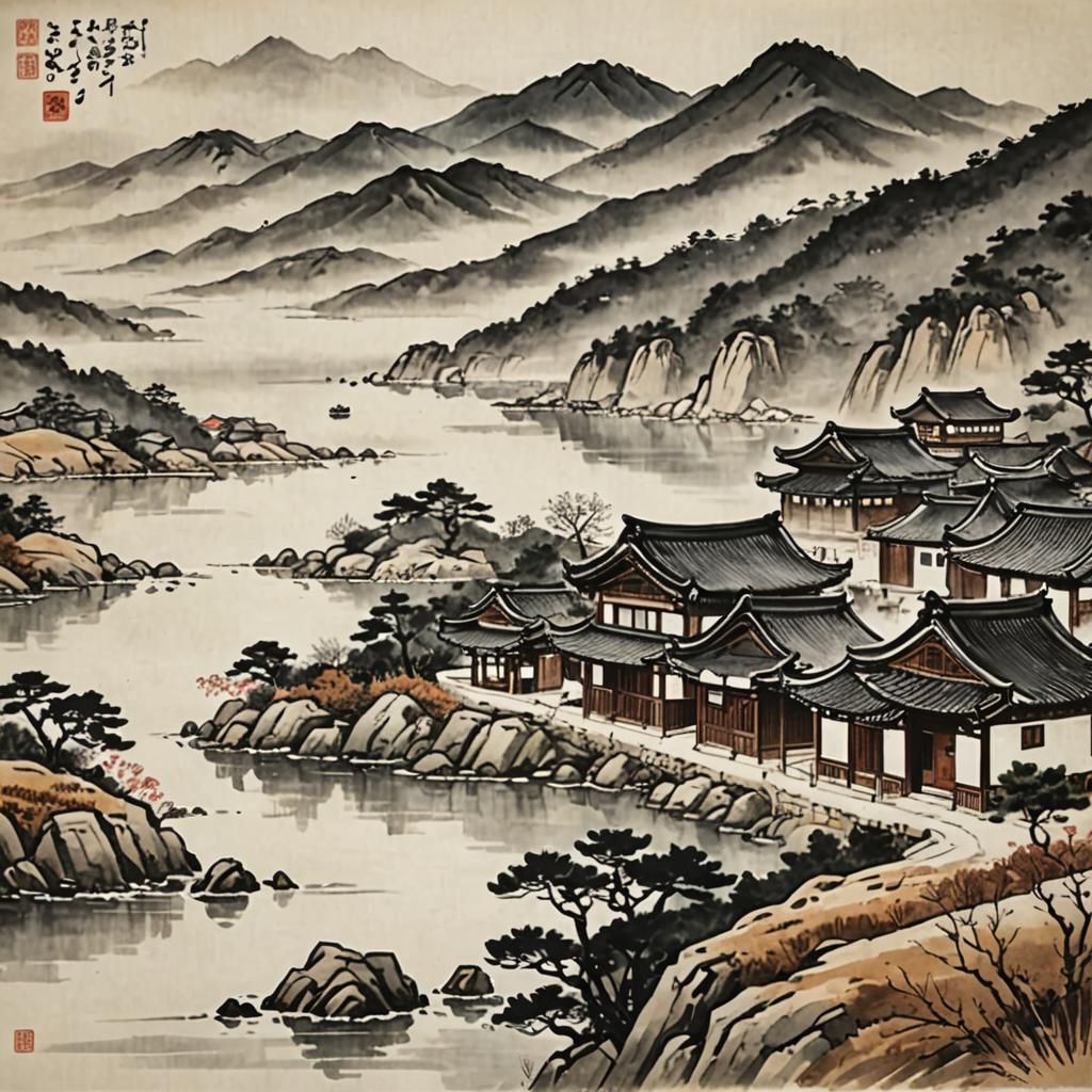 Korean Landscape in Ink Painting Style
