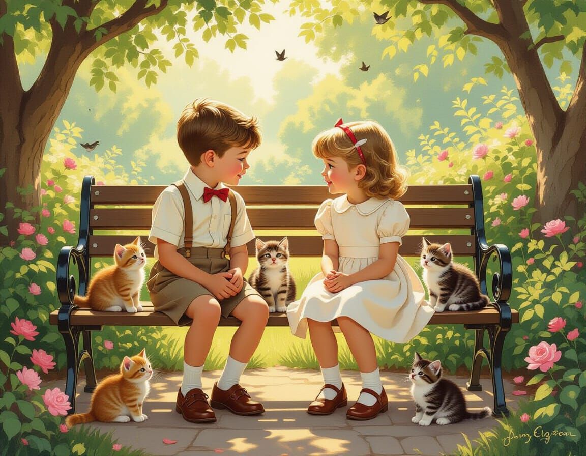 Children Share Secret in Lush Garden, Nostalgic Illustration