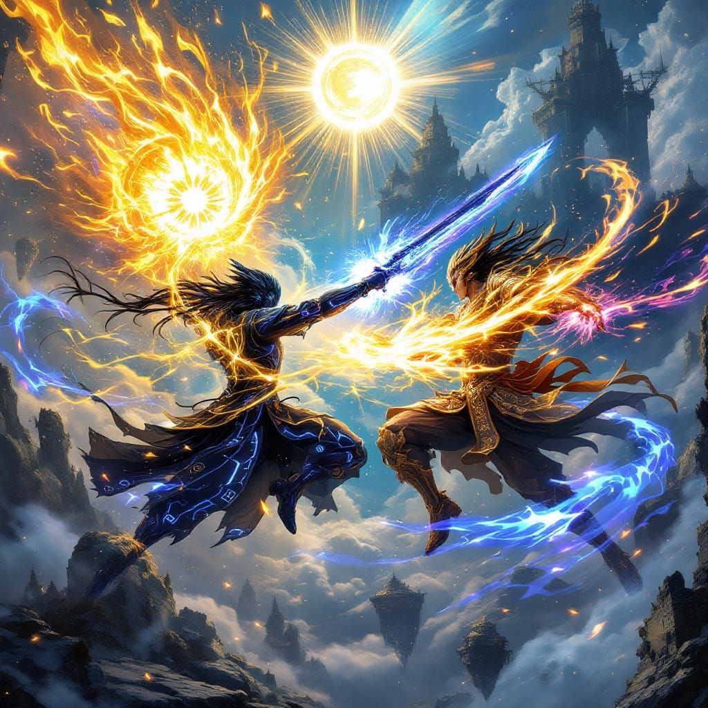 Epic Duel Above Golden Sky in Cyber-Fantasy Style