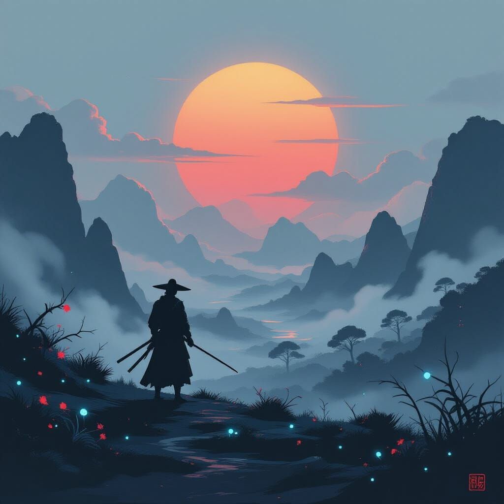 Samurai on Alien Planet Under Binary Sunset