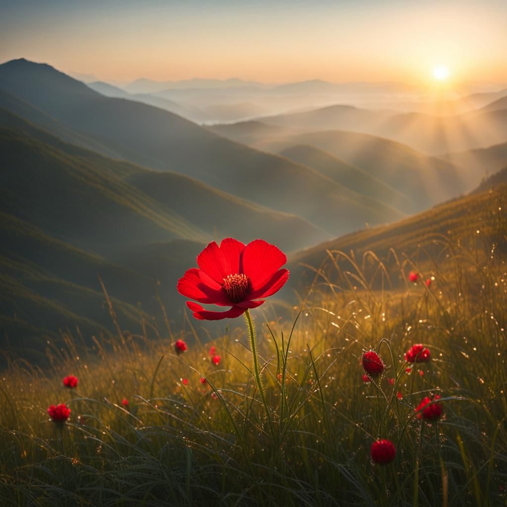 Lonely Red Flower in Mountain Sunrise