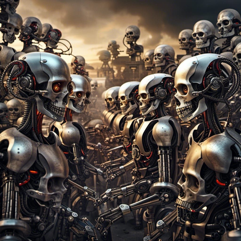 Robotic Warfare Scene with Skulls in Photorealistic Style