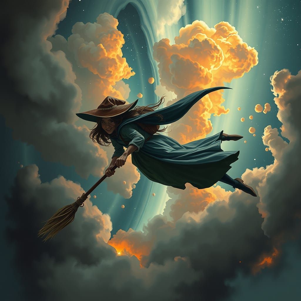 Witch Skydiving on Venus in Dreamy Surreal Style