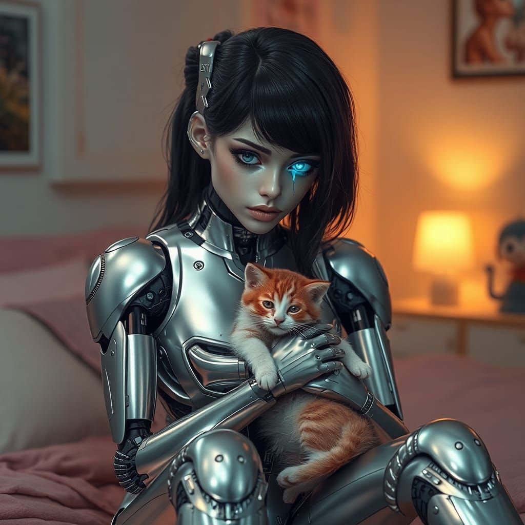 Metallic Goddess Comforts a Kitten in a Luminous Bedroom