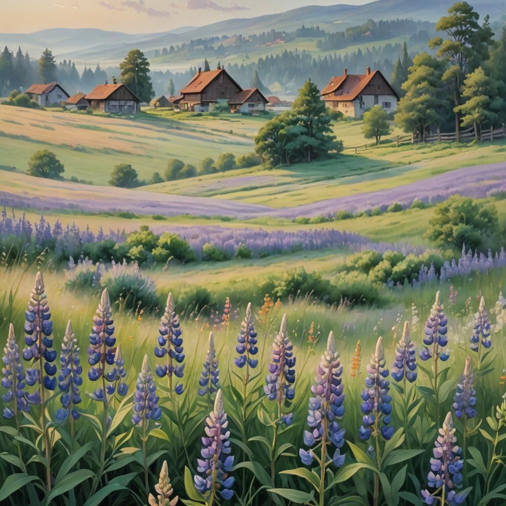 Lupine Flowers in Misty Meadow: A Scenic Oil Painting