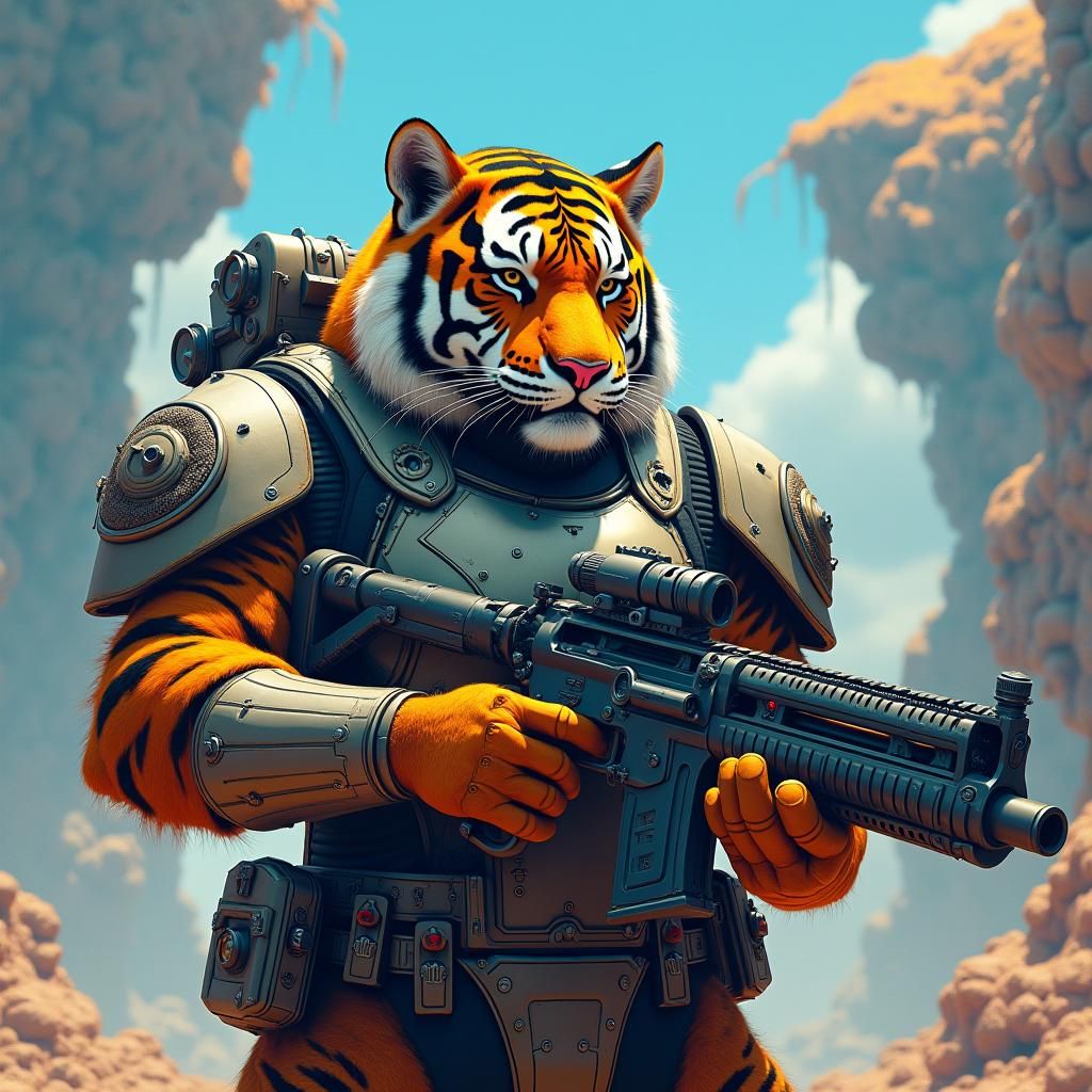 Cybernetic Military Tiger with Steampunk Guns
