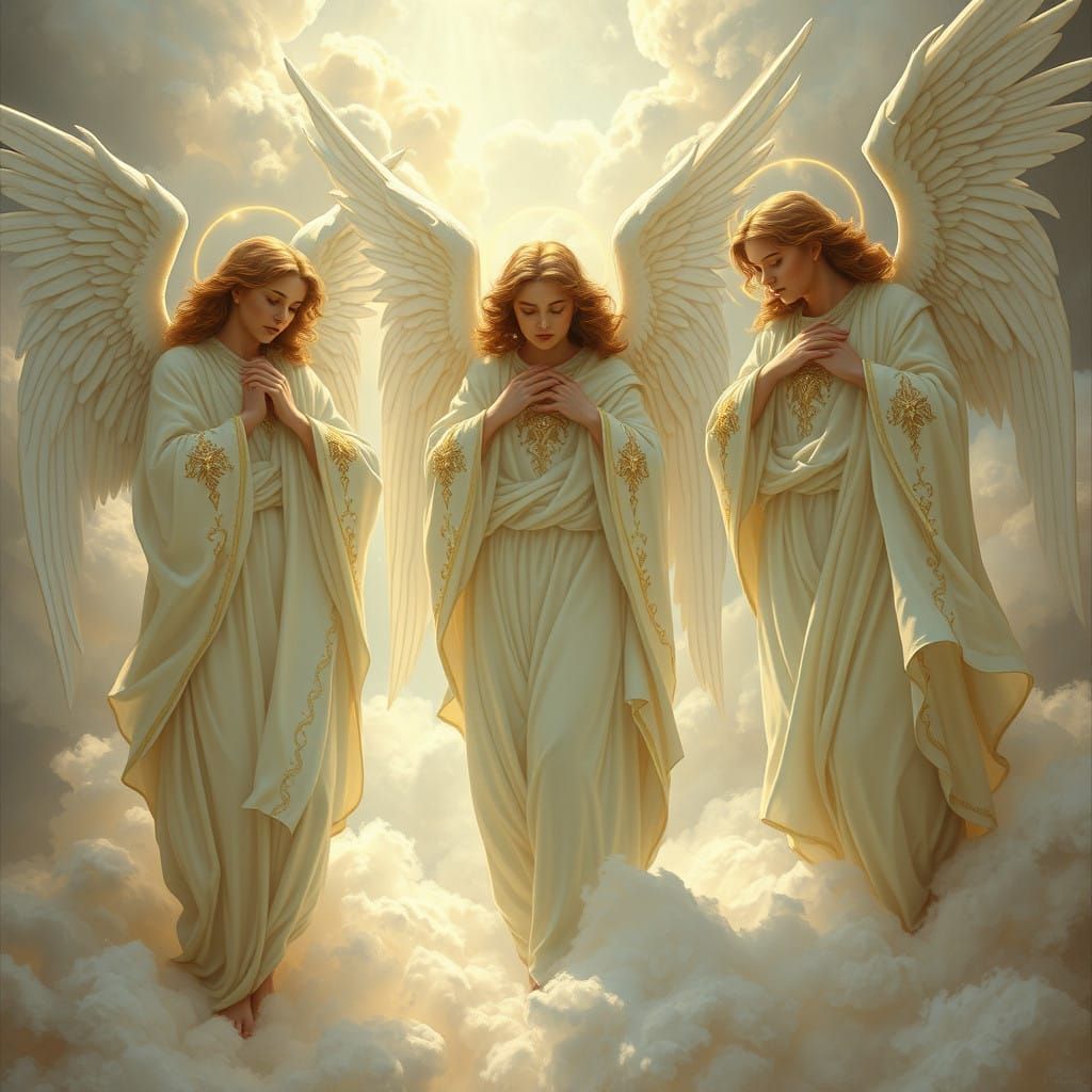 Angelic Beings in Flowing White Robes with Golden Embroidery