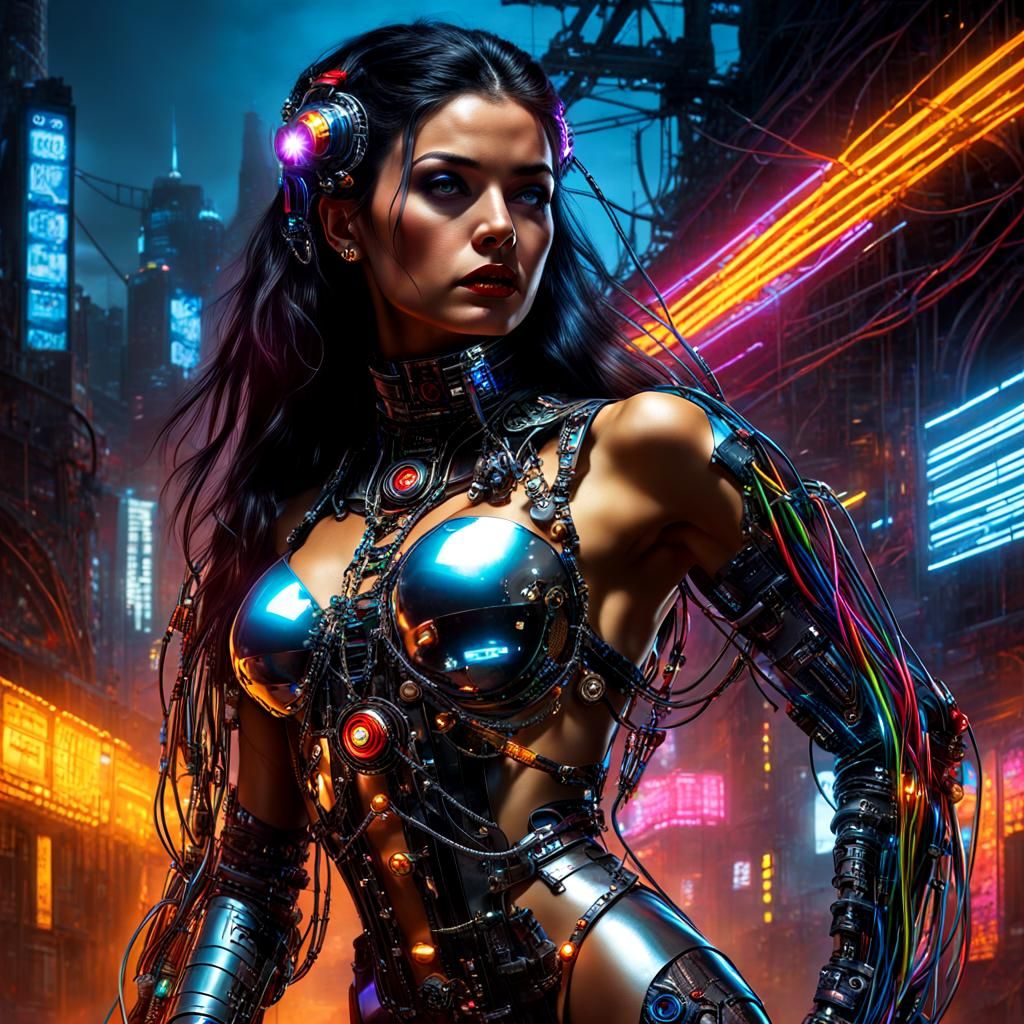 Cyborg Woman in Cyberpunk City Ruins