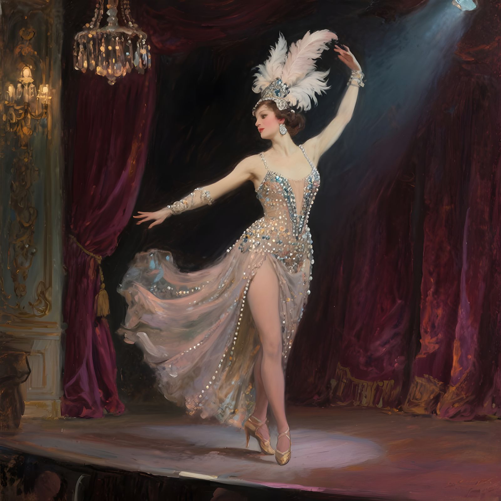 Vintage Cabaret Dancer on Stage as Impressionist Painting