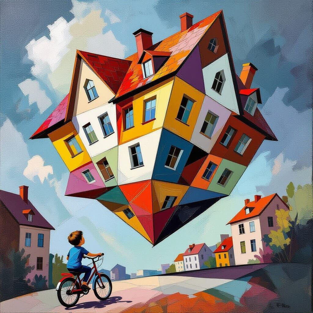 Boy on Bike Amazed by Upside-Down Building in Cubist Style