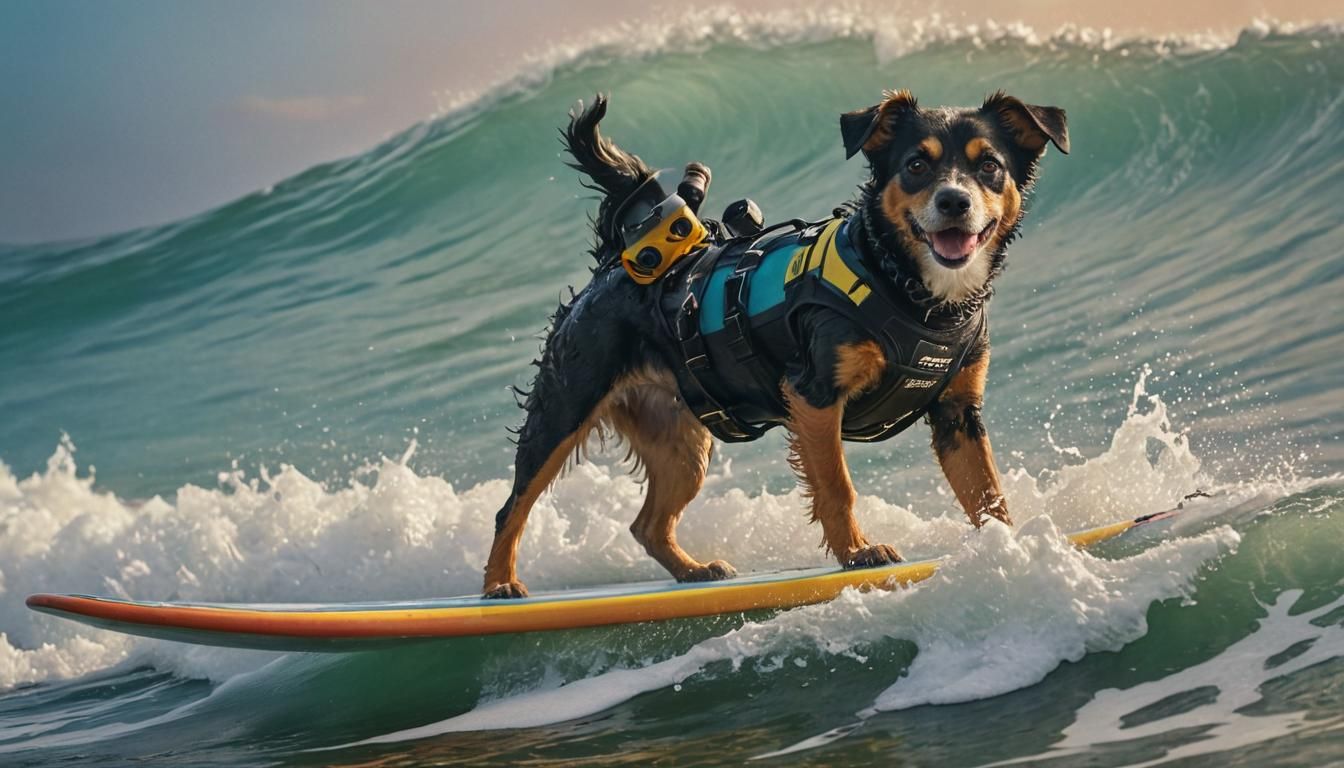 Dog Surfing Wave in Diving Suit: Hyperrealistic Splash Art