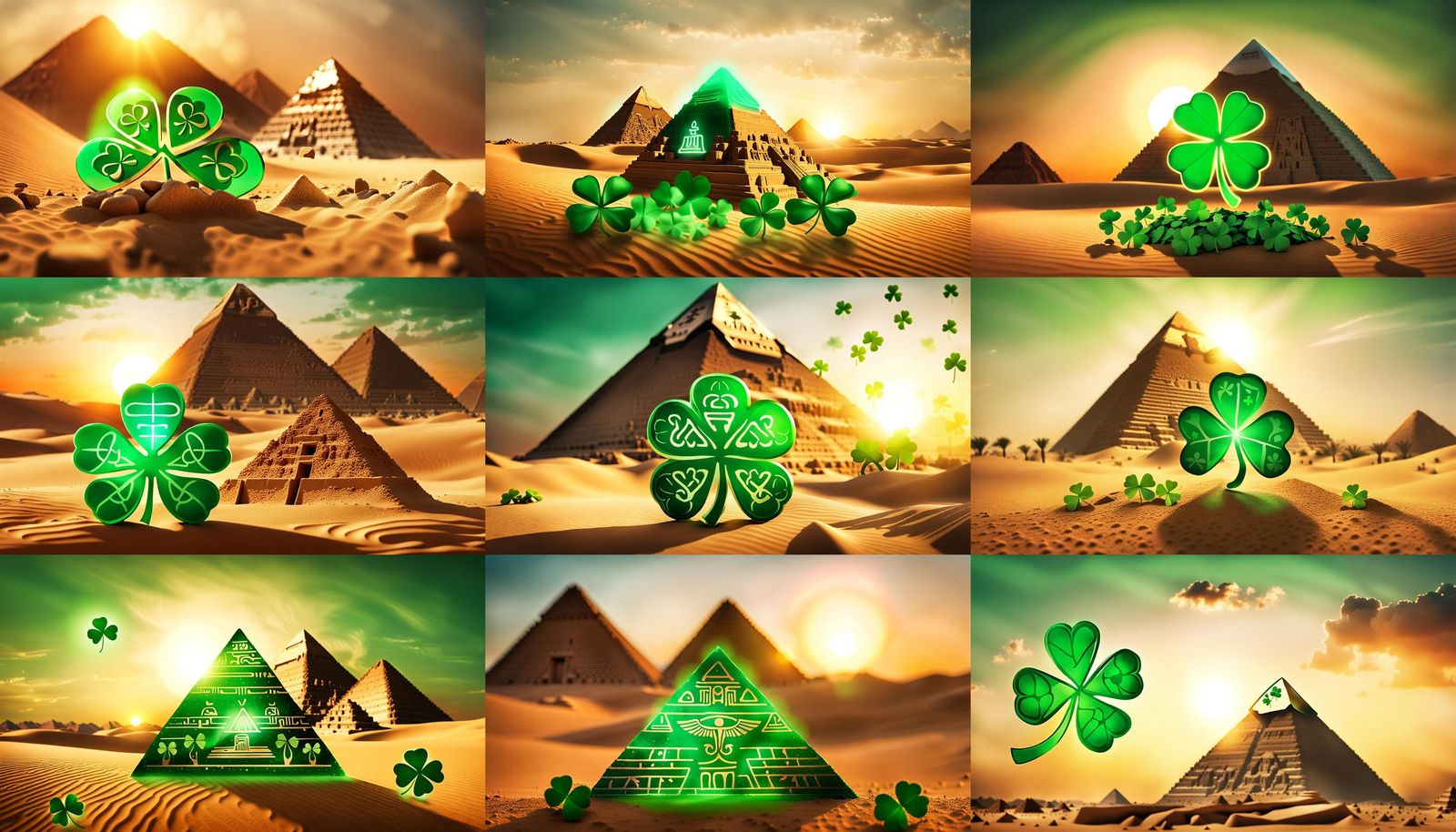 Glowing Hieroglyph with Clovers near Pyramid