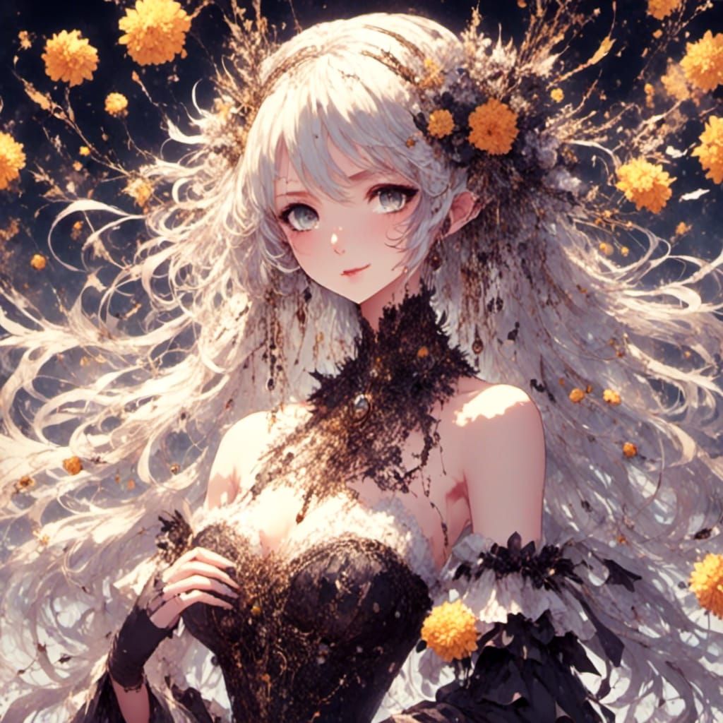 Marigold Goddess: Whimsical Death in Gothic Anime Art