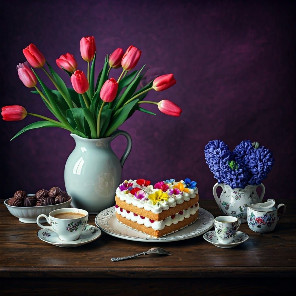 Elegant Table Setting with Heart-Shaped Cake and Vibrant Flo...