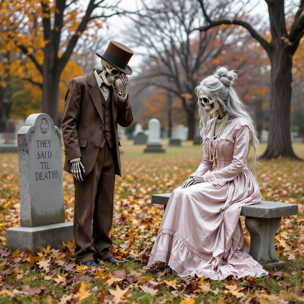 Skeletal Couple in Cemetery on Autumn Day