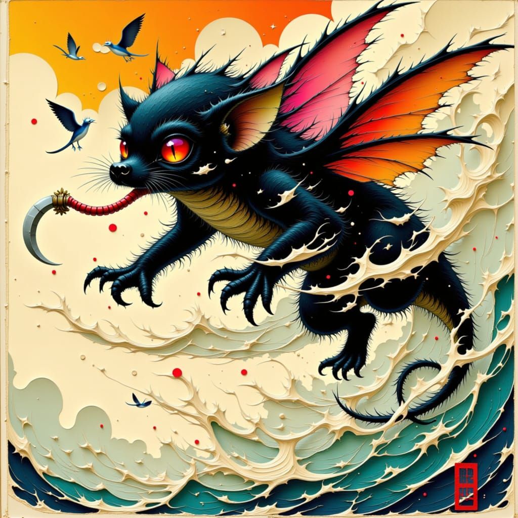 Weasel Yōkai in Whirlwind: Japanese Art Style