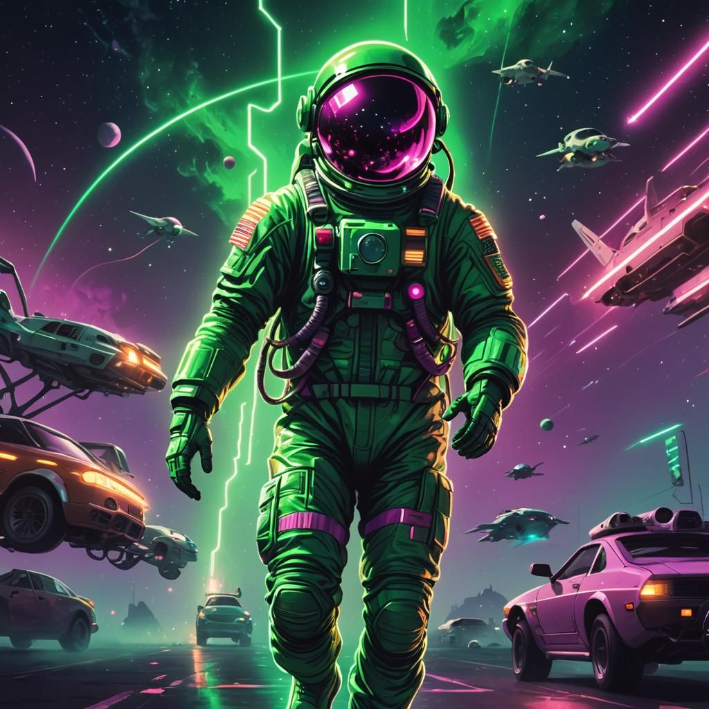 Astronaut in Space with Flying Car: Synthwave Neon Art