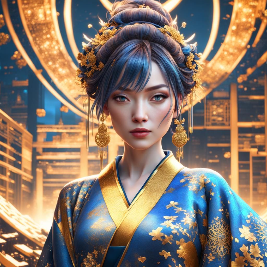 Fractal Kimono Girl: Vibrant Digital Art