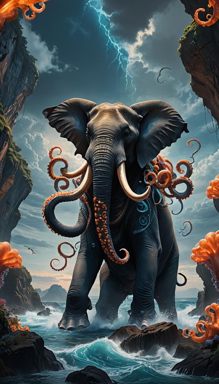 Oceanic Elephant with Tentacles in Digital Painting Style
