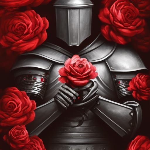 Flowery Knight with Rose: Detailed Charcoal Drawing