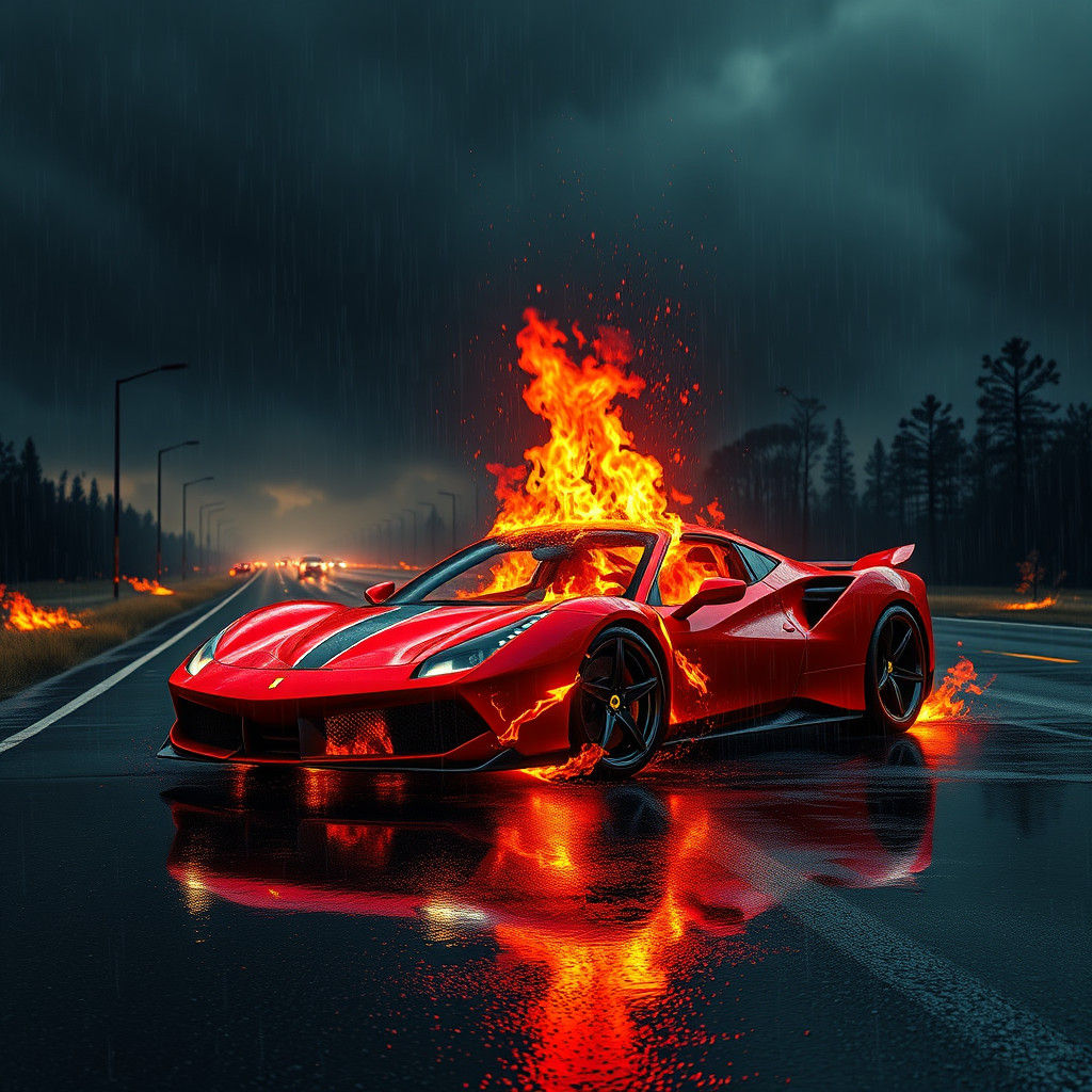 ferrari on fire in a storm raining fire