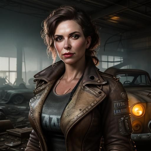 Steampunk Mechanic Girl in Garage at Twilight