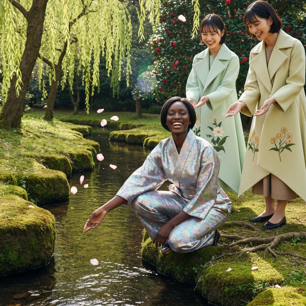 Black Woman and Japanese Women in Serene Botanical Grove