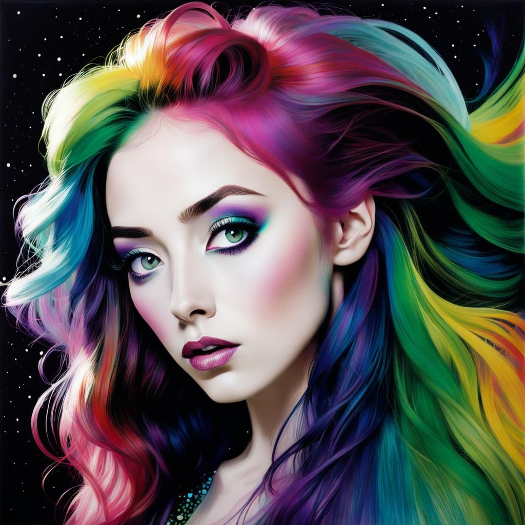 Cosmic Rainbow Hair Portrait in Surreal Style