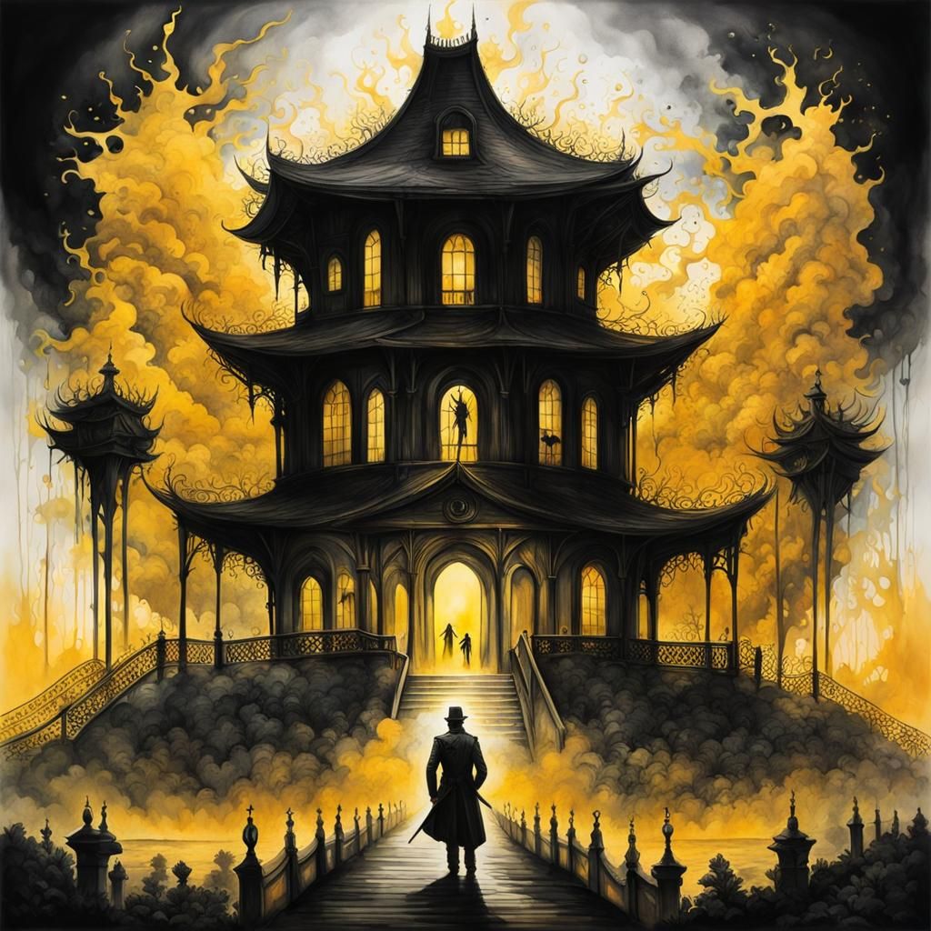 Monochrome Watercolor of Haunted House in Art Splash Style