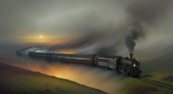 Train Through Misty Moorland Evening: Turner Style