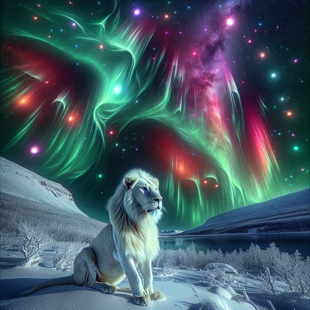 White Lion in Winter Aurora: HDR Hyperrealistic Image
