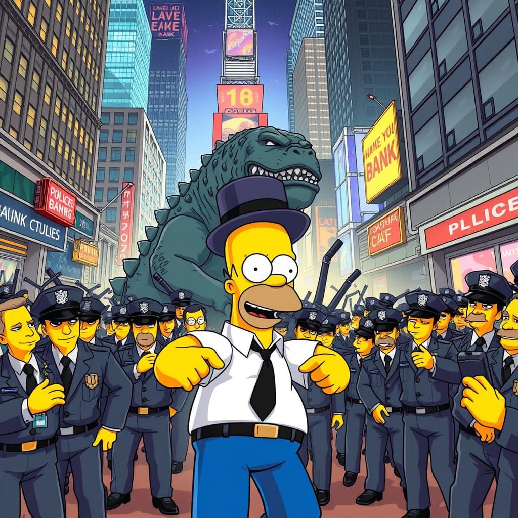 Godzilla and Homer Simpson Rob a Bank in Futuristic Cityscap...
