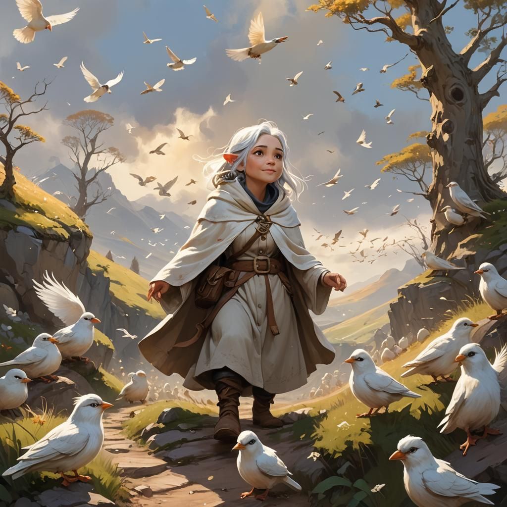 Gnome Watching Birds in Whimsical Digital Painting