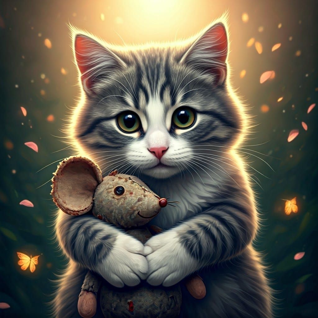 A hyper-realistic adorable cute tabby cat hugging a mouse pl...