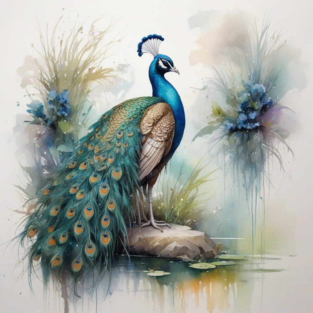 Moonlit Peacock in Whimsical Watercolour Style