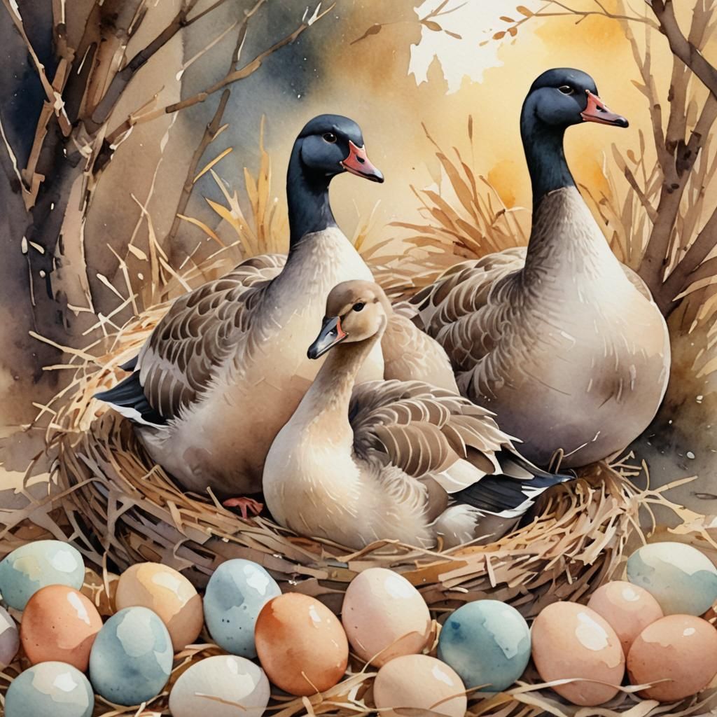 Geese in Whimsical Watercolor Nest