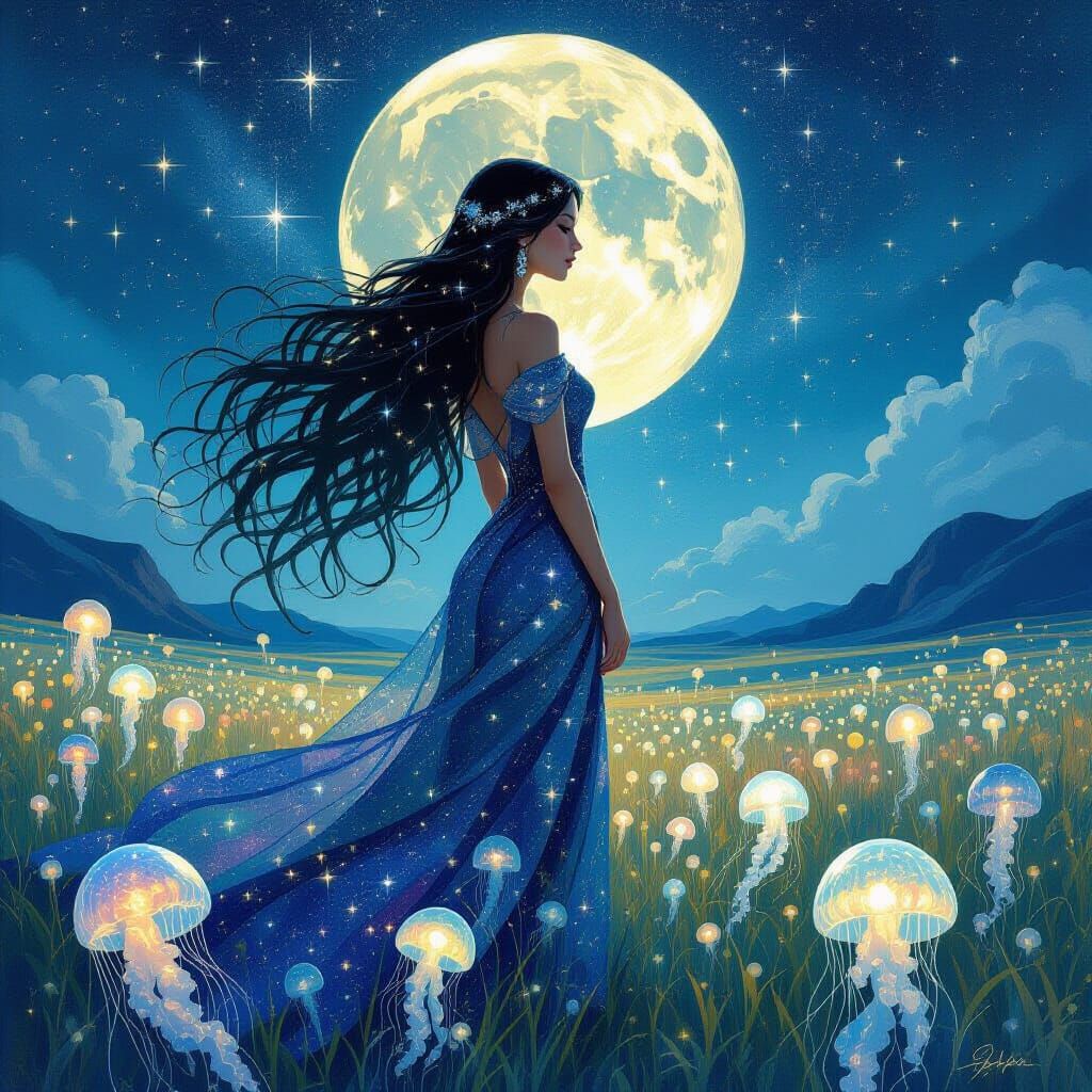 Goddess with Galaxy Hair in Impressionist Style