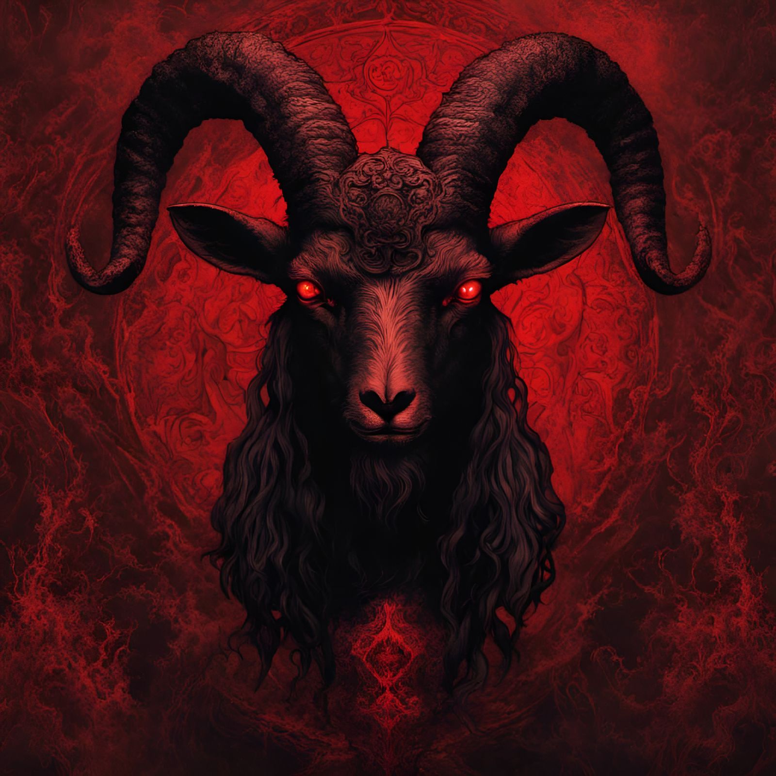 Satanic Goat Head in Mystic Red Fog