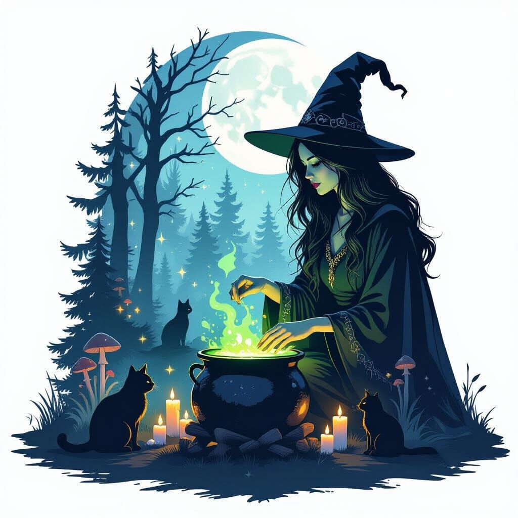 Moonlit Witch Brewing Potion in Forest Silhouette
