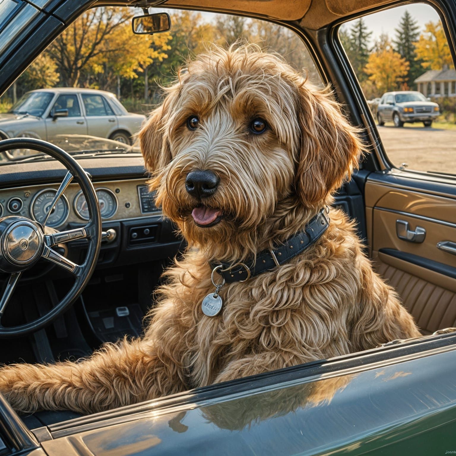 Golden Doodle Riding Shotgun in a Vintage Car