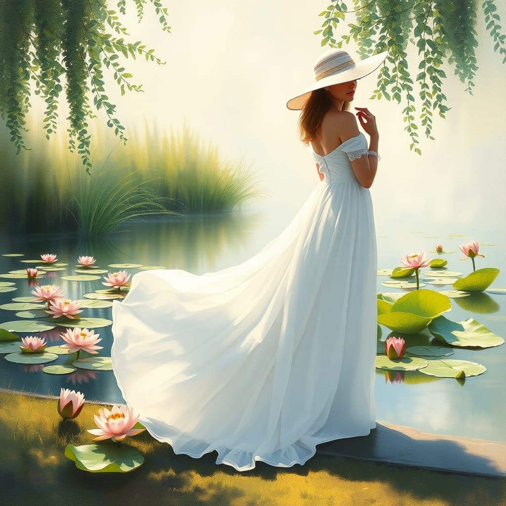 Impressionistic Woman at Lily Pond in Summer