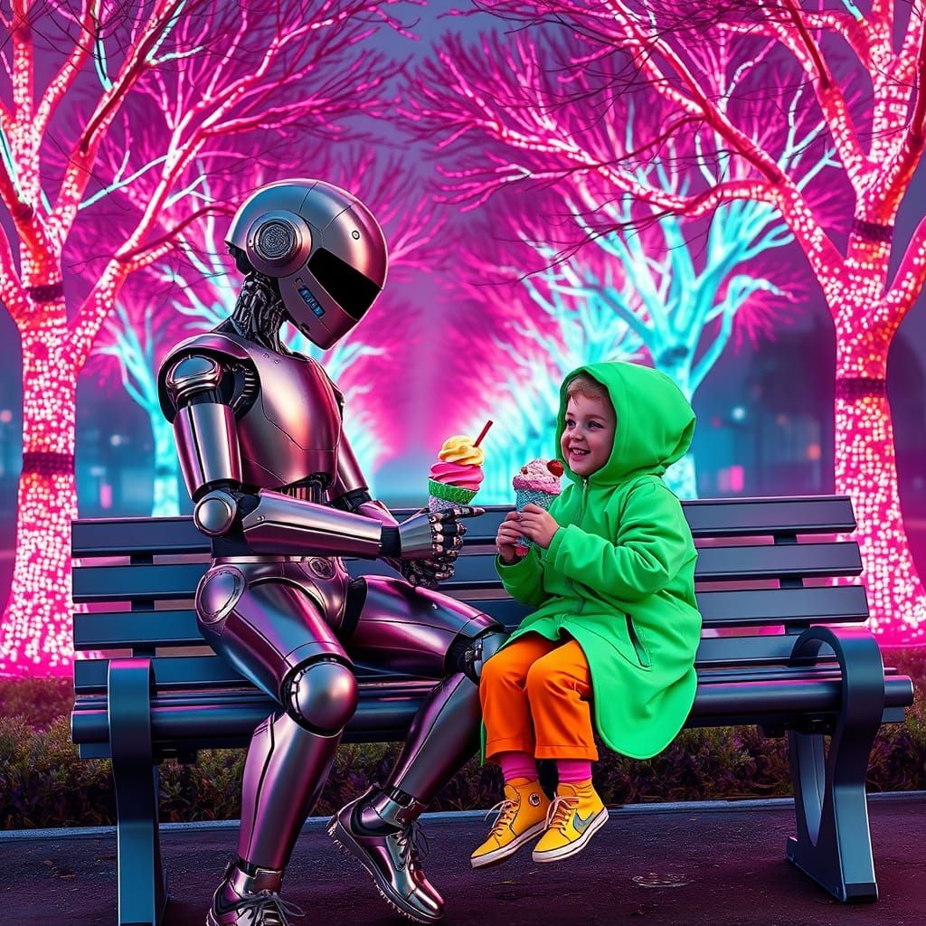 Robot and Child Share Ice Cream in Cyberpunk Park