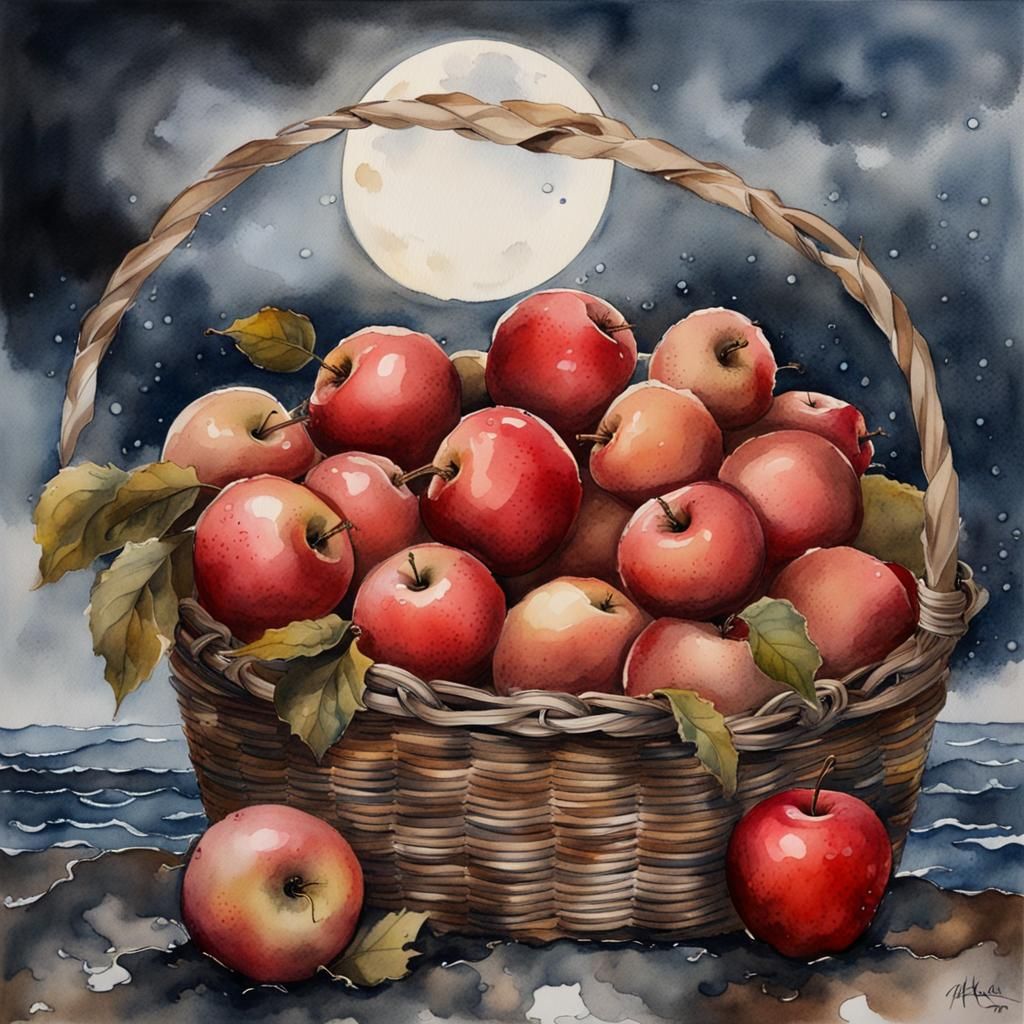 Basket of Red Apples in Wet Wash Watercolor