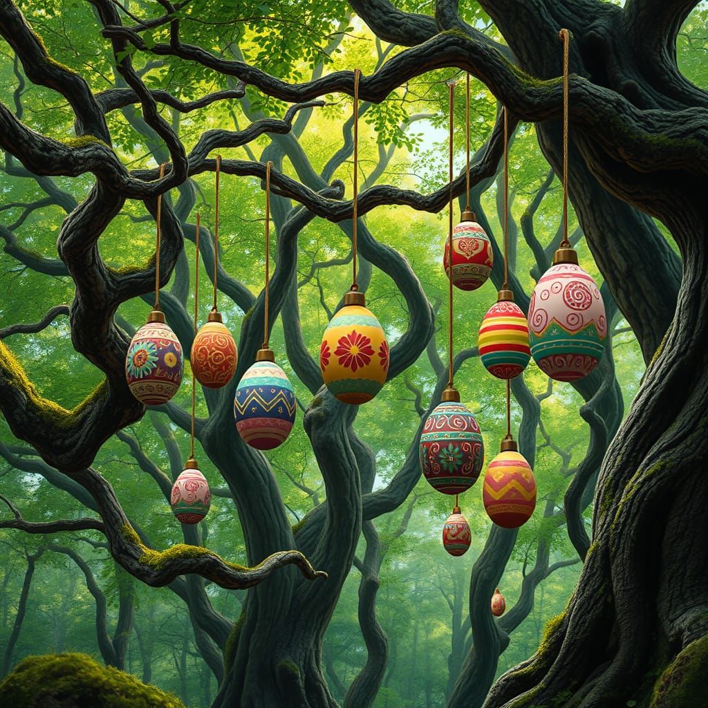 Whimsical Forest Cathedral with Glowing Easter Eggs