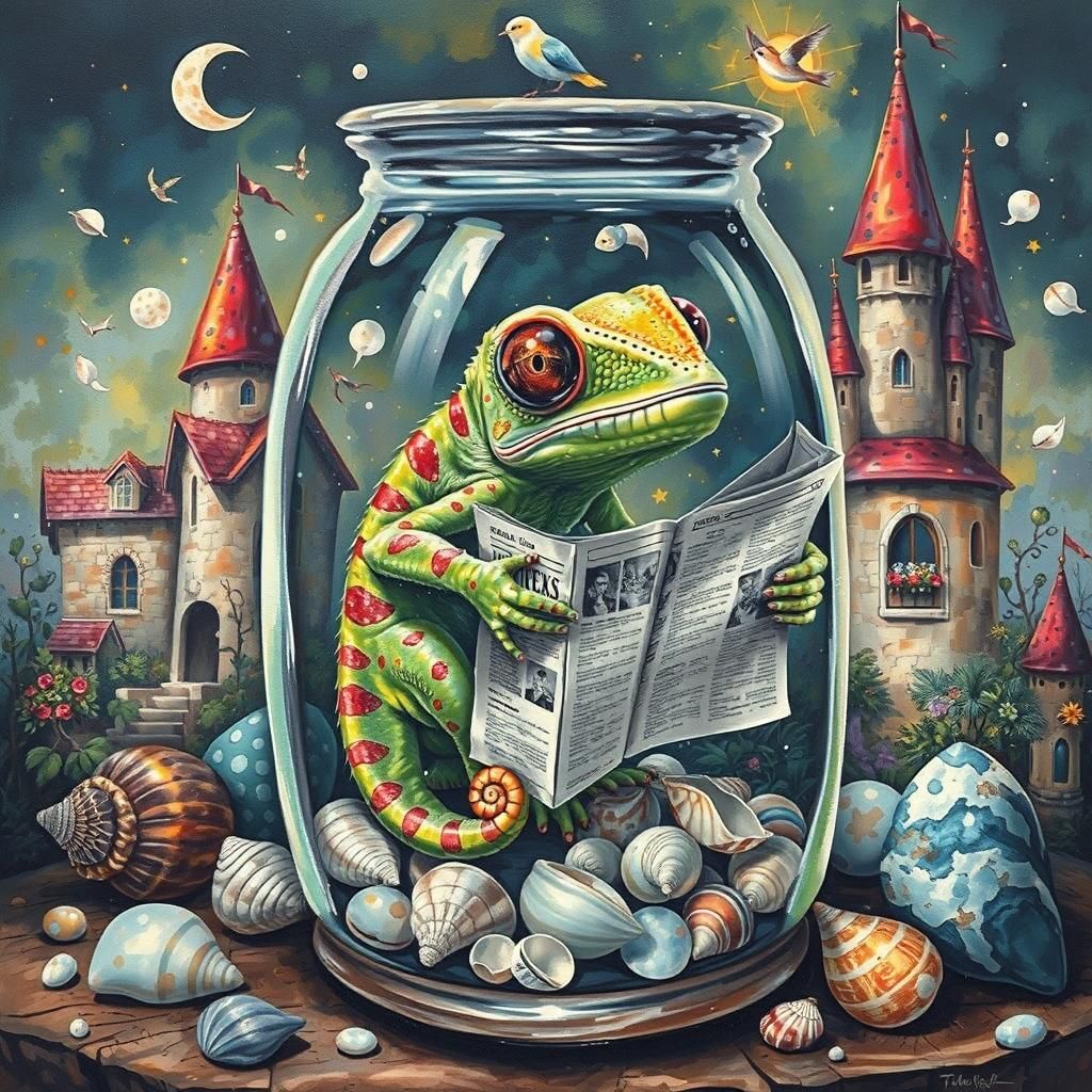 Psychedelic Chameleon Reads News in Jar, Gouache Style