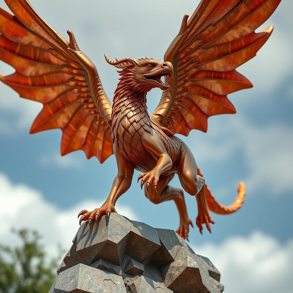 Hyperrealistic Copper Chimera Statue in Flight