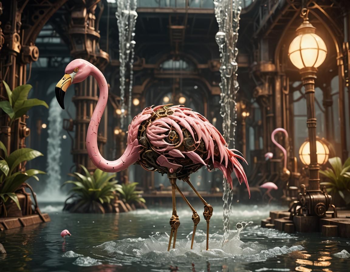 Steampunk Flamingo Mech in Cinematic Style